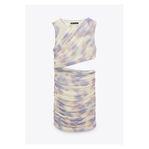 ZARA Cream Purple Cloud Print One Shoulder Cutout Mini Dress Medium NEW Sexy - Picture 6 of 8